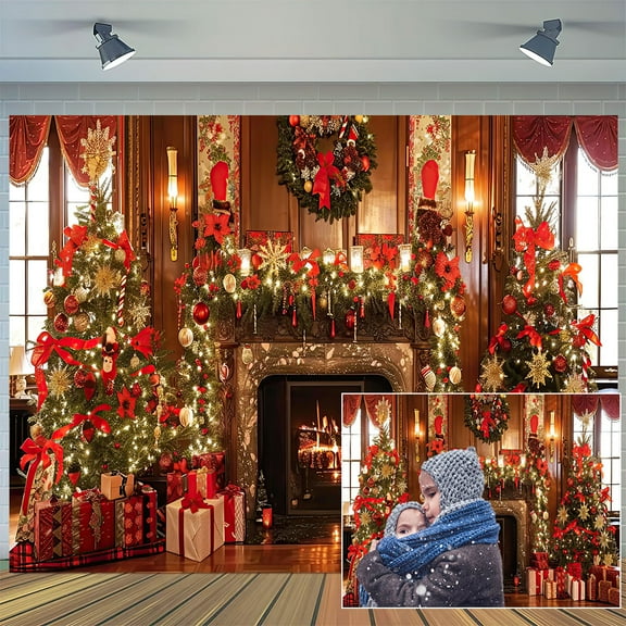 20x10ft Christmas Fireplace Backdrop Xmas Fireplace Tree Wall Gifts Party Decor Background Winter Merry Christmas Candy Backdrop Kids Holiday Party Decoration Photo Studio Props