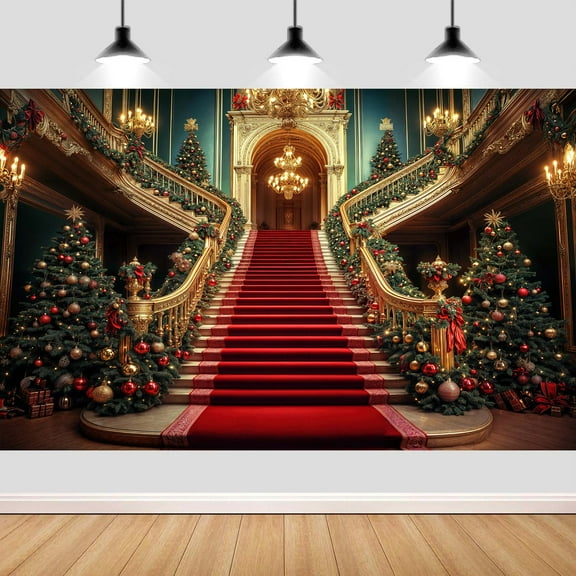 20x10ft Christmas Tree Photo Backdrop, Retro Christmas Luxury Palace Indoor Red Carpet Staircase Backdrop Photography Background for Christmas New Year Photographer Studio Props
