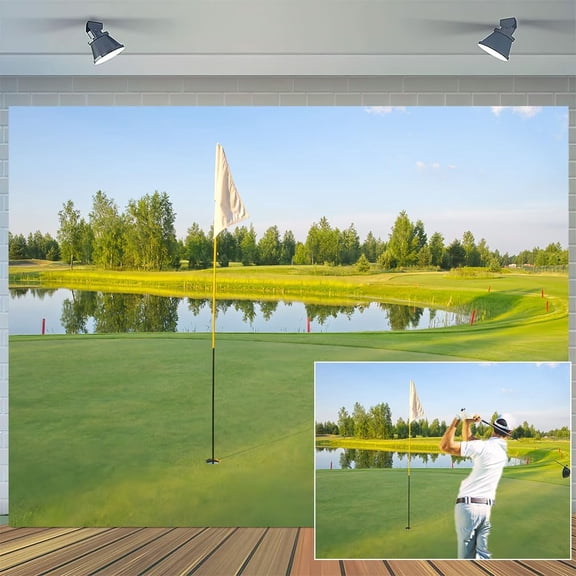 20x10ft Golf Course Backdrop Golf Flag Green Mountain Forest Trees Grass Lawn Background lue Sky White Clouds Green Lawn Photography Backdrops Birthday Party Decor Banner Supplies Photo Booth Props