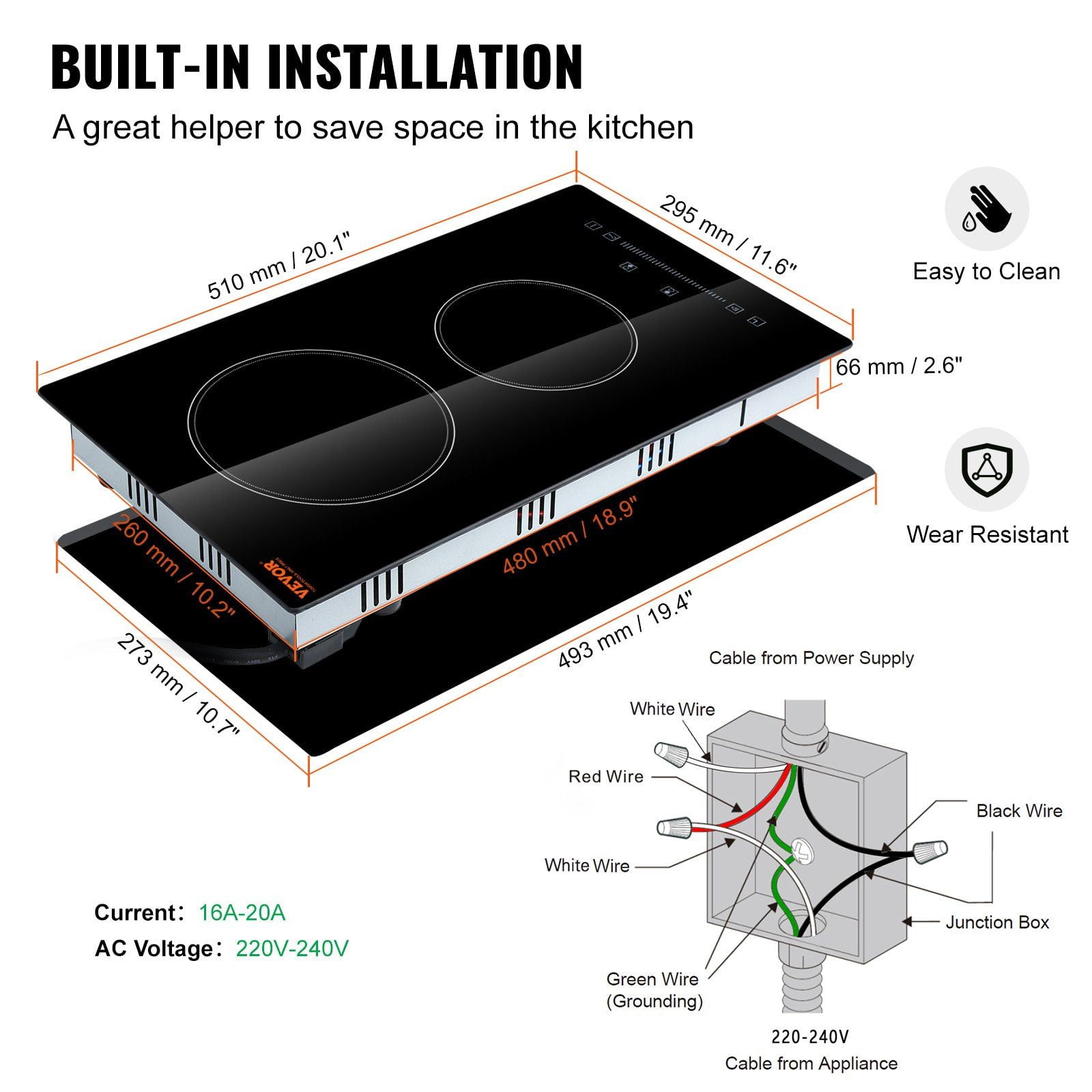 20x11.6 Inch Radiant Glass Cooktop, 2 Burners, 240V Electric Stove with Touch Control, Child Lock & Timer – Ideal for Frying