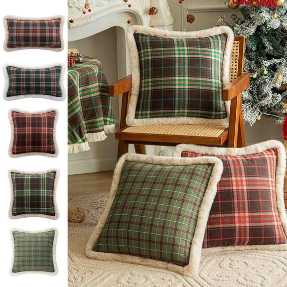 20x12" Christmas Plaid Pillow Cover, Village Style Scottish Tartan Pillow Covers with Furry Edge, Household Christmas Cushion Cover for Winter Holiday Sofa Bedroom Decor