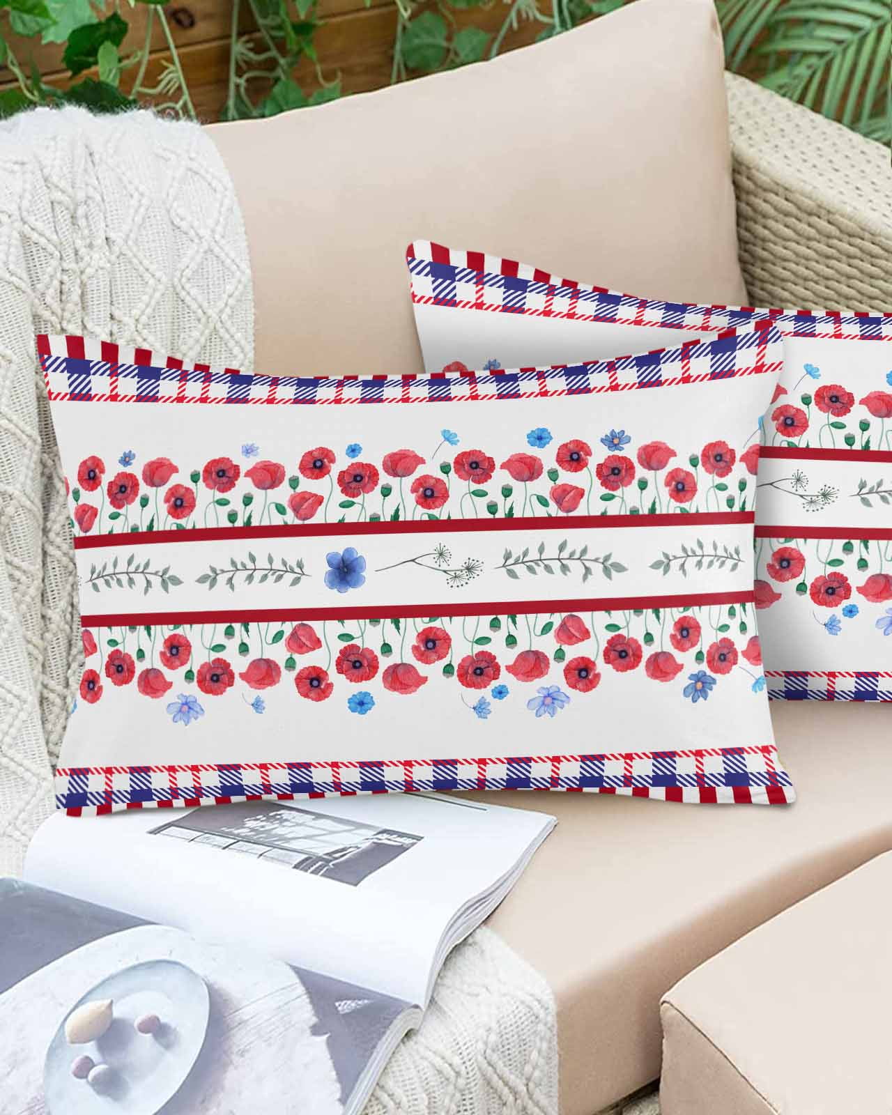 20x12 Outdoor Pillow Covers Set of 2 Blue Red Stripe Check Outdoor