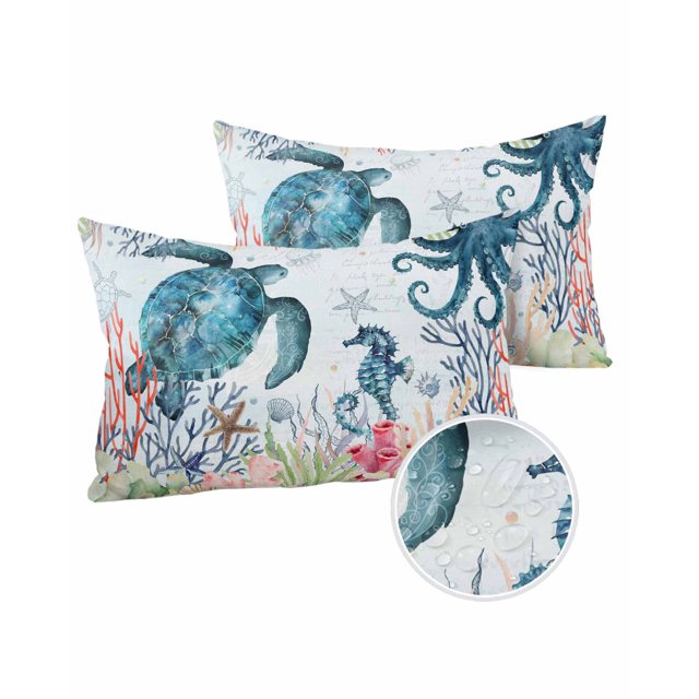 20x12 Outdoor Pillow Covers Set of 2, Ocean Turtles Octopus Waterproof