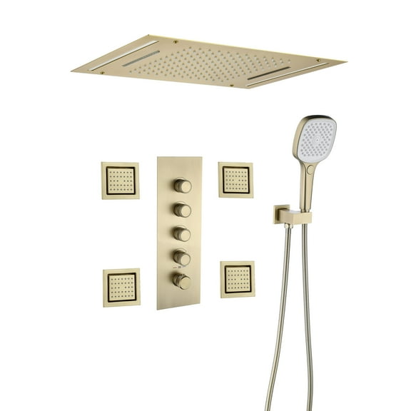 20x15 inch Thermostatic Ceiling Mounted LED Two Functions Rainfall Shower Head, 3 Function(Rain++Spray+Rain&Spray) Hand Shower Head with 4pcs of Body Jets