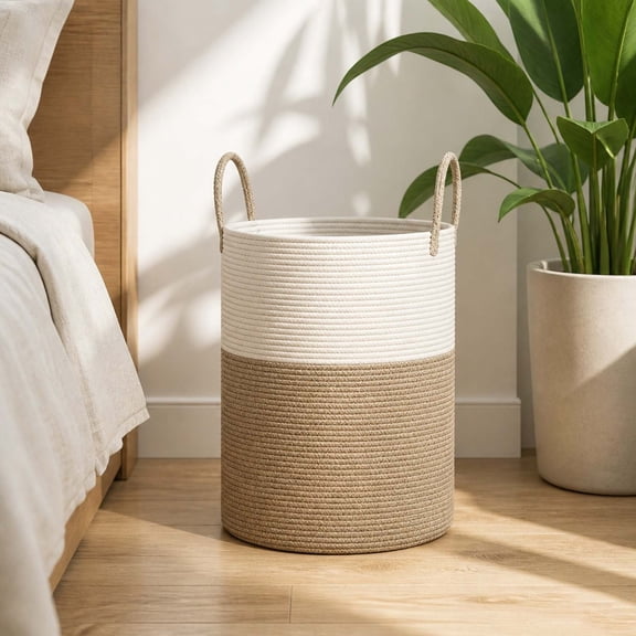 20x15in Large Cotton Rope Laundry Basket, Woven Dirty Clothes Hamper with Handles, Tall Storage Bin for Bedroom Bathroom Toys Blankets Organization
