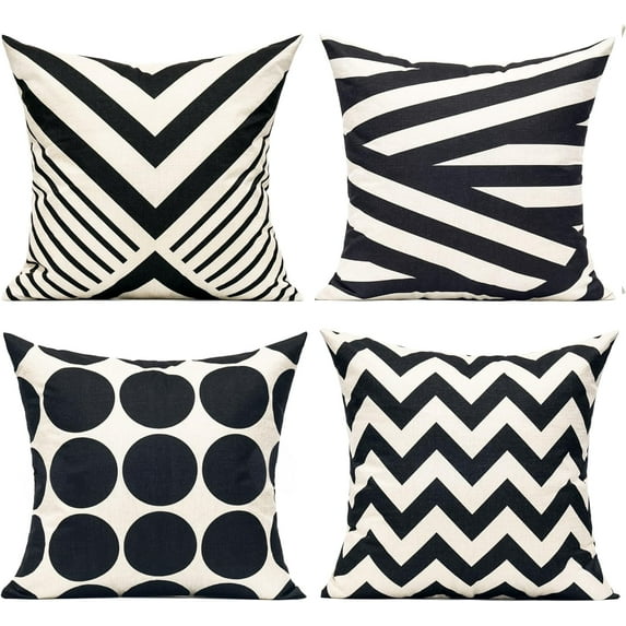 20x20 Black Beige Throw Pillow Covers Cases Modern Geometric Outdoor Decorative Accent Cushion Suqare Cotton Linen Set of 4 for Sofa Paito Couch Bed Room, Striped Zig Zag