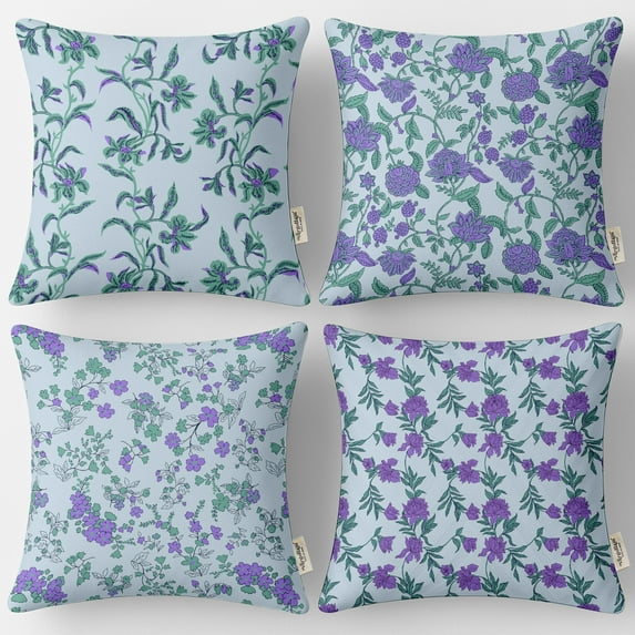 20x20, Cotton Cushion Covers Set of 4 - Vargottam Printed Throw Pillow Covers with Hidden Zip, Double Sided Design - Blue, Floral Design