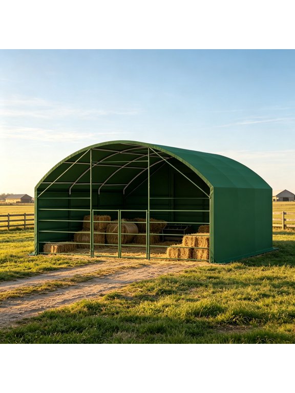 20x20 FT Heavy Duty Tarpaulin Livestock Shed, Waterproof Outdoor Storage Shelter with Corralling Panels and Chain-Link Gate for Farm, Agriculture, and Equipment Protection