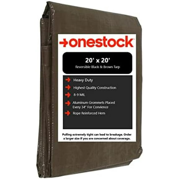 20x20 Heavy Duty 8-9 Mil Tarp, Weatherproof, Multi-Purpose, Black/Brown Reversible, Poly Tarp, Strong, Durable, Protects Floors & Furniture, Protects Bushes & Gardens, Temporary Roof Tarp