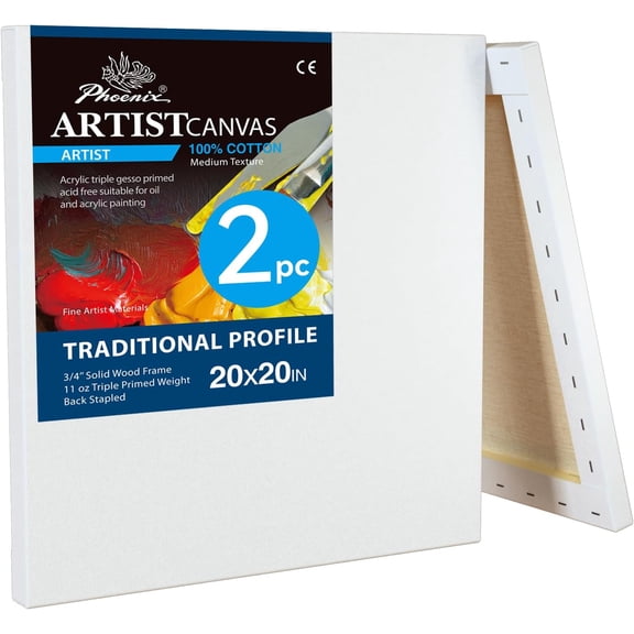 20x20 Inch 2 Pack Stretched Canvas Square 3/4 Inch Profile 100% Cotton Gesso Primed for Oil and Acrylic Painting