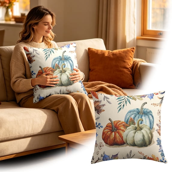 20x20 Inch Fall Pumpkin Pillow Cover, Orange White Farmhouse Autumn Thanksgiving Decor Cushion Case for Sofa Couch Bed