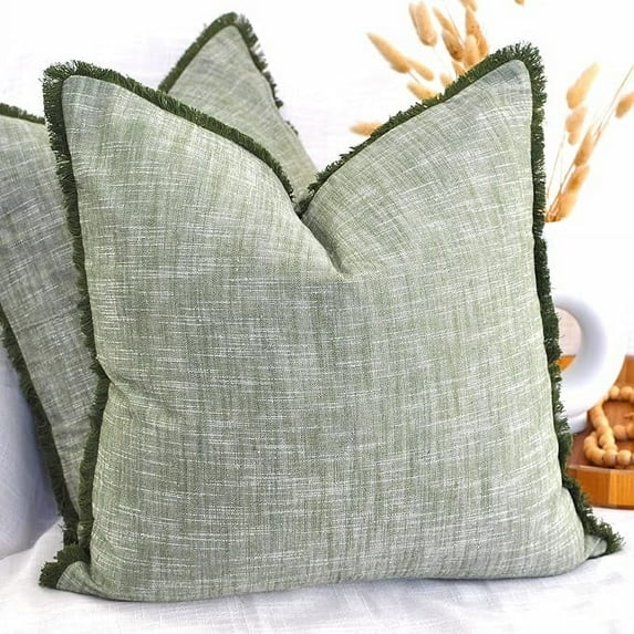 20x20 Organic Cotton Throw Pillow Covers Green With Decorative Fringe Boho Farmhouse Cushion Cover with Tassels Linen Like Textured Accent Pillowcases for Bed Couch Chair Sofa Living Room Set of 2