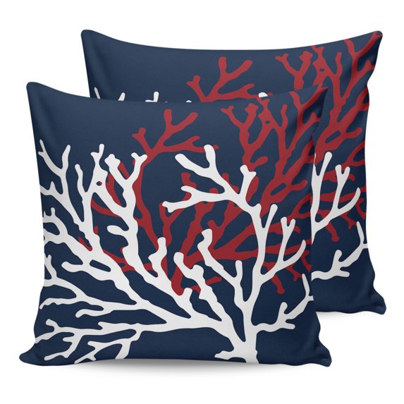 20x20 Pillow Covers Set of 2, Red White Coral Throw Pillow Covers Decorative Couch Cushion Case, Summer Ocean Nautical Coastal Navy Blue Microfiber Square Pillowcases for Bedroom Car Living Room