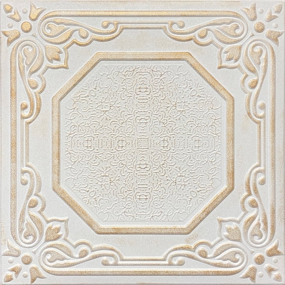 20x20 Styrofoam Ceiling Tiles Glue-Up Decorative Panels for Easy DIY Install, Home & Basement Renovation. R32 Lisbona, Washed Gold (White Satin Base), Lot/48