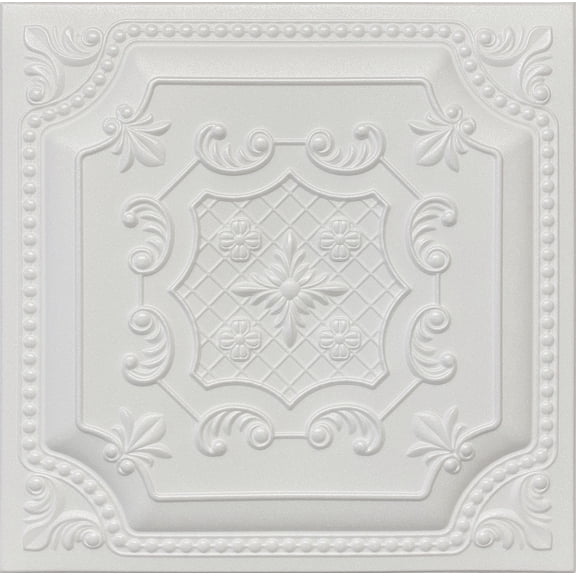 20x20 Styrofoam Ceiling Tiles Glue-Up Decorative Panels for Easy DIY Install, Home & Basement Renovation. R52 Embossed Floral, Plain White, Lot/8