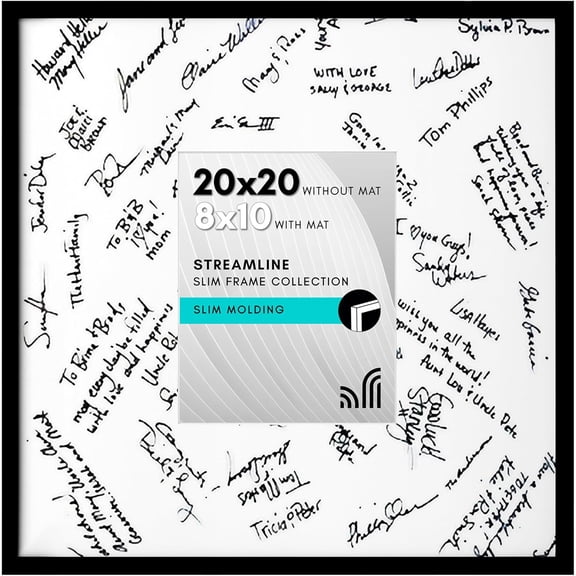 20x20 Wedding Signature Frame with Polished Plexiglass - Use as 8x10 Frame with Mat or Display 20x20 Photos Without Mat - Streamline Collection - Autograph Frames for Wall - Black