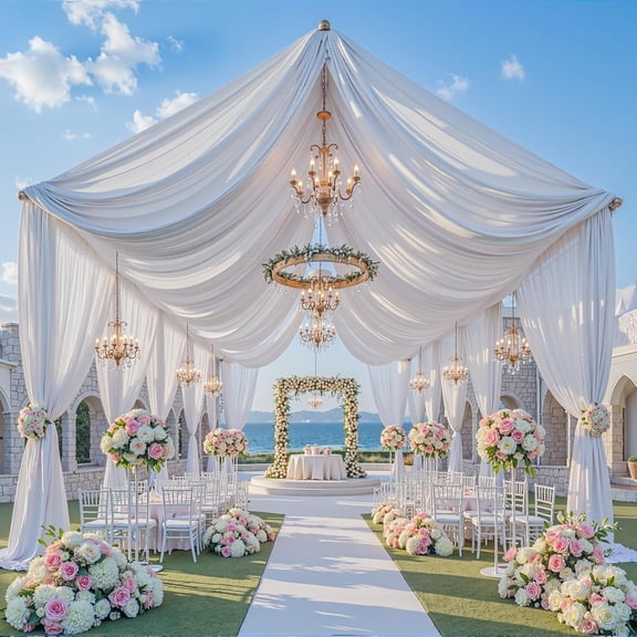 20x20 ft White Ceiling Drapes for Wedding 4 Panels 5x20 Curtains Polyester Backdrop with Double Rod Pockets, Reusable Draping Fabric Party Canopy Decorations