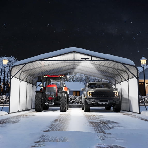20x20FT Metal Carport w/Led Light,Outdoor Portable Car Garage,Removable PE Sidewalls,Reinforced Base & Galvanized Steel Roof, Outdoor Car Port Canopy Shelter for Boats, Full-Sized Pickup Trucks