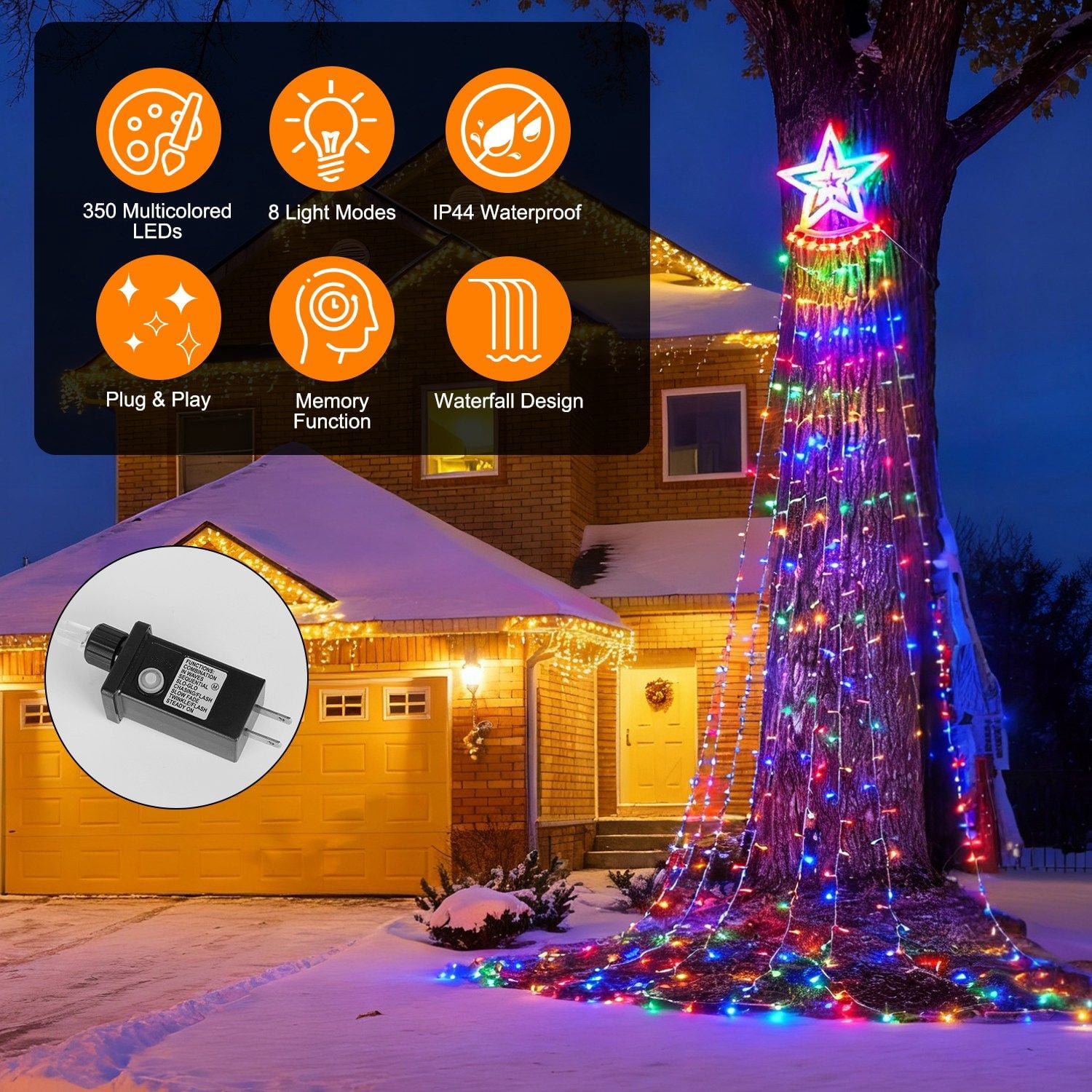 Star Waterfall Tree String Light 350 Multicolored LEDs 8 Modes IP44 for Christmas Halloween Party Decor