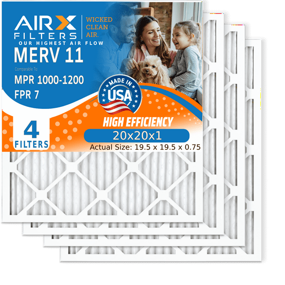 20x20x1 Air Filter MERV 11 Comparable to MPR 1000, MPR 1200 & FPR 7 Electrostatic Pleated Air Conditioner Filter 4 Pack HVAC Premium USA Made 20x20x1 Furnace Filters by AIRX FILTERS WICKED CLEAN AIR.