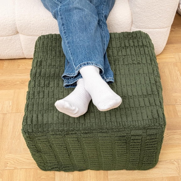 20x20x14 Inches Fluffy Square Pouf Ottoman - Plush Furry Boneless Ottoman Foot Stool with High-Density Foam, Versatile Floor Seating for Living Room (Green)