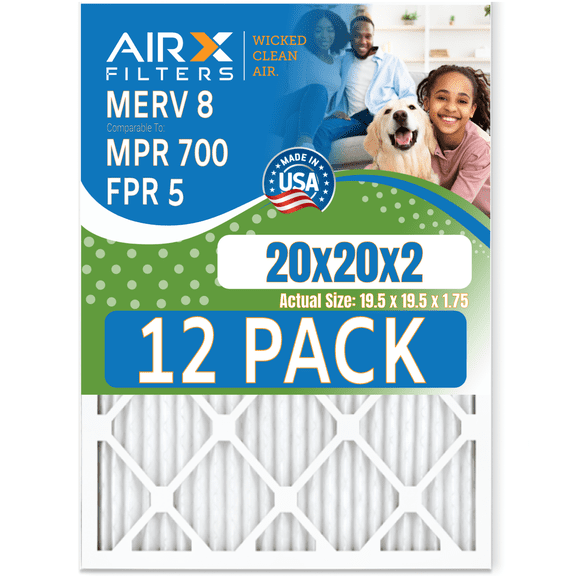 20x20x2 Air Filter MERV 8 Rating, 12 Pack of Furnace Filters Comparable to MPR 700 & FPR 5 - Made in USA by AIRX FILTERS WICKED CLEAN AIR.
