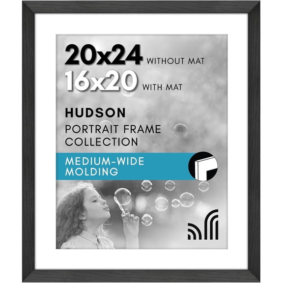 20x24 Poster Frame - Black Engineered Wood with Polished Plexiglass - Matted to 16x20 Photo Size - Wide Picture Frame for Wall Display - Black