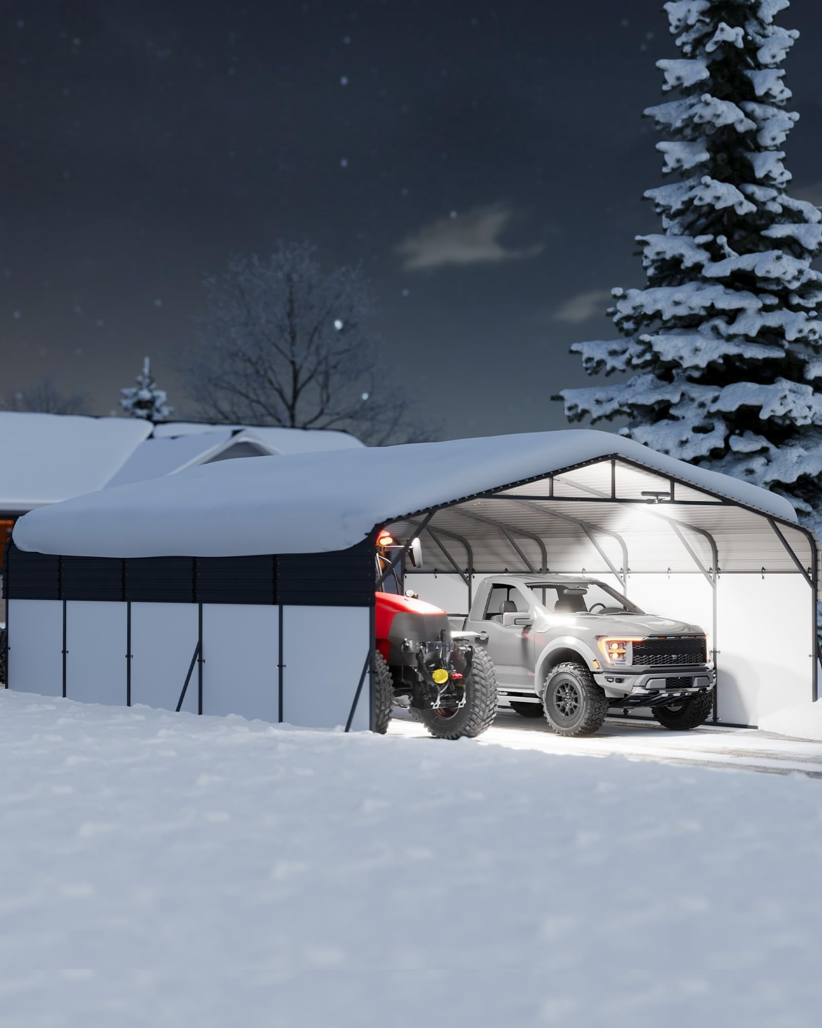 20x25 FT Heavy Duty Metal Carport - Outdoor Portable Garage Shelter - Galvanized Steel Roof, Removable PE Sidewalls, Reinforced Base, LED Light - for Cars, Trucks, Boats