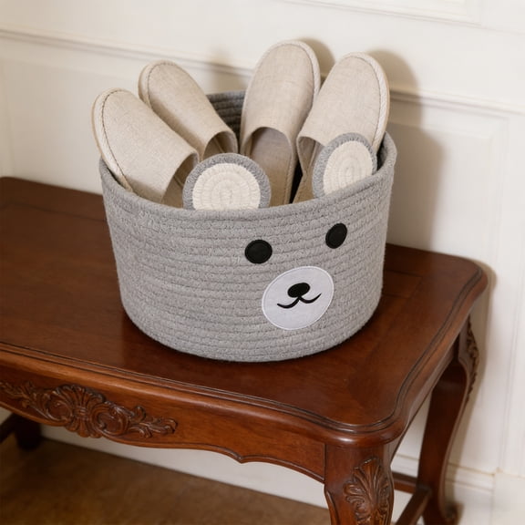 20x25cm Bear Laundry Baskets Laundry Hamper Storage Baskets With Ears & Handles,Woven Rope Storage Basket Cute Animal Face Shaped Organizer,Decor Storage Gift Basket