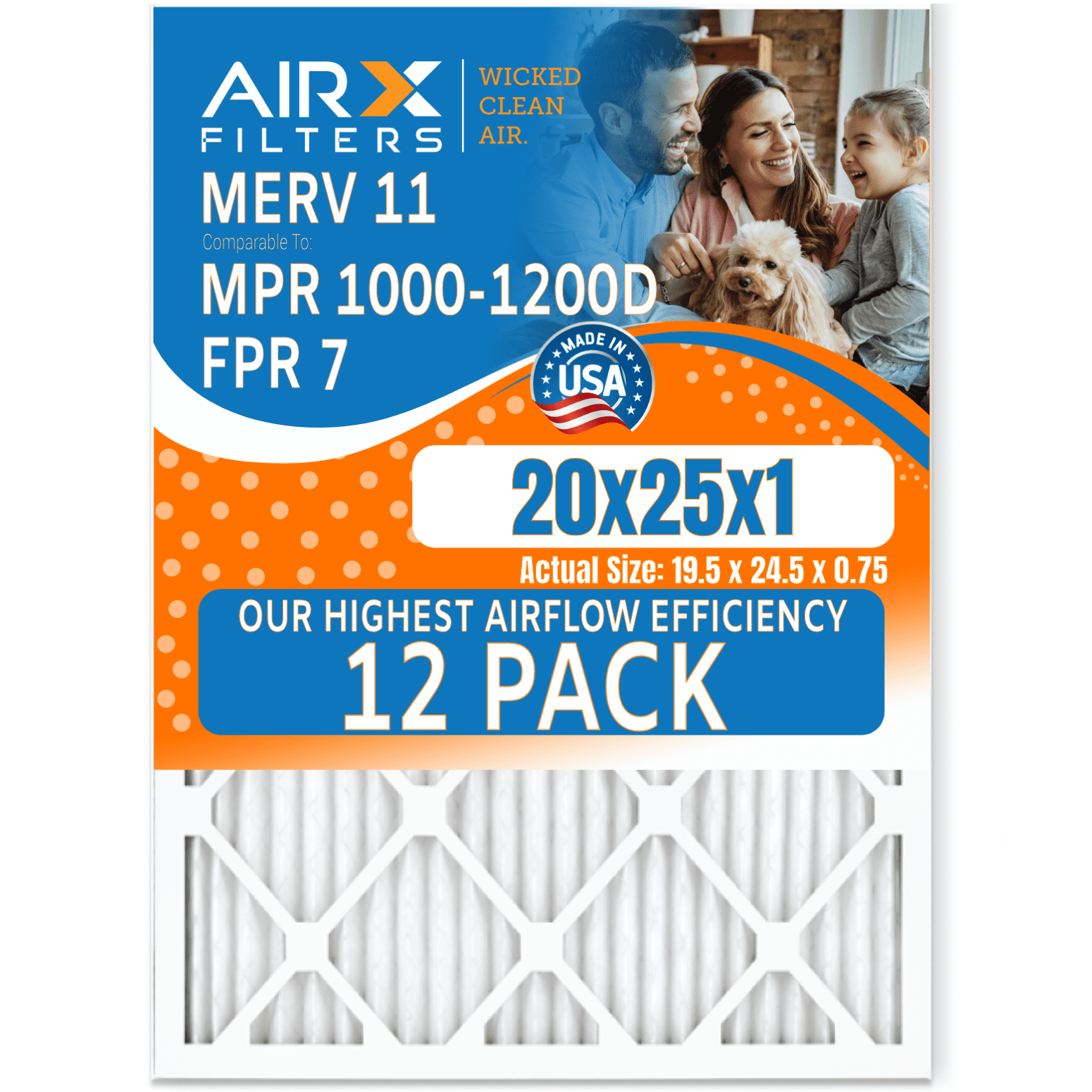 20x25x1 Air Filter MERV 11 Rating, 12 Pack of Furnace Filters