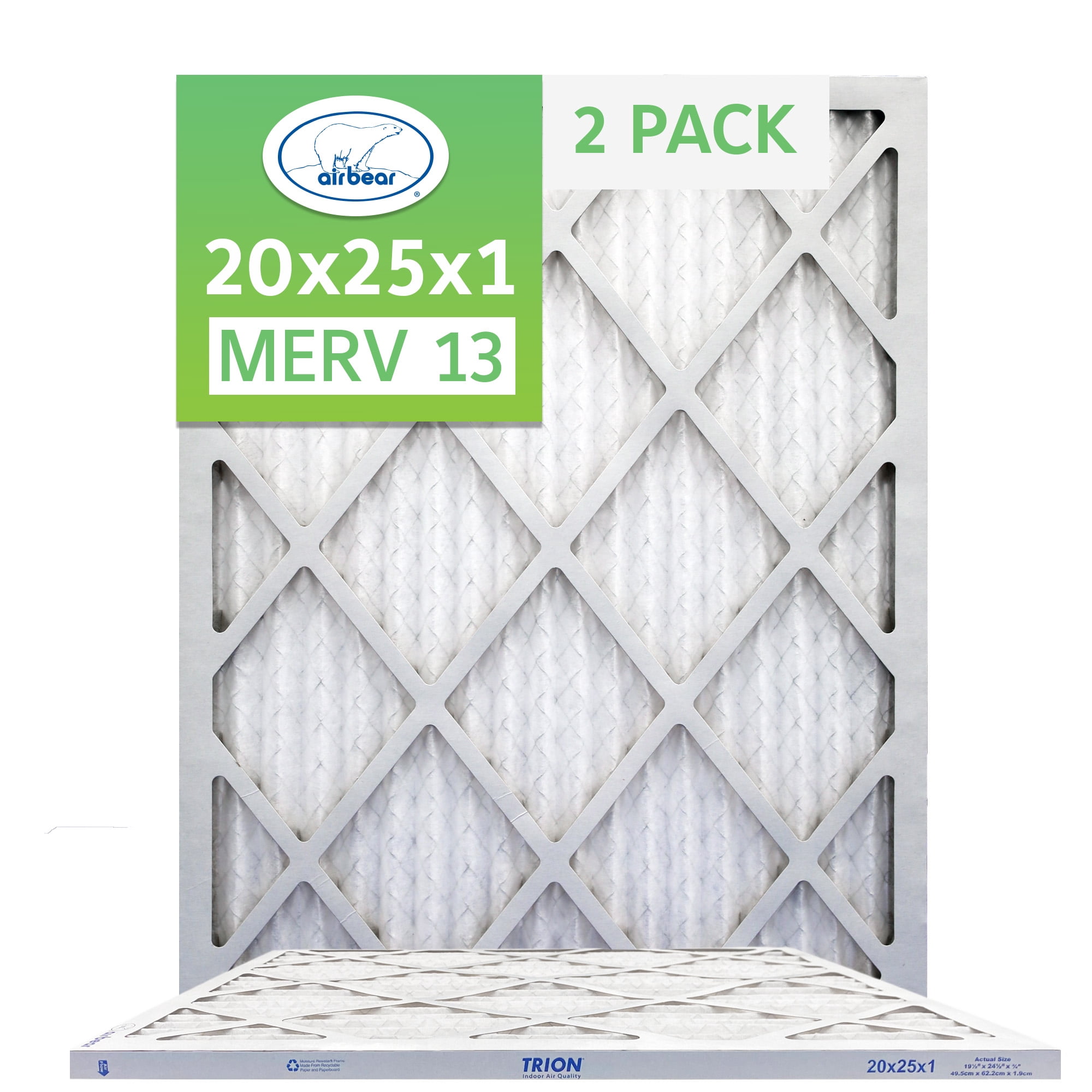 20x25x1 Air Filter MERV 13 (2-Pack) TRION Air Bear Pleated HVAC Air Filters Replacement (Actual Size 19.5 x 24.5 x .75)