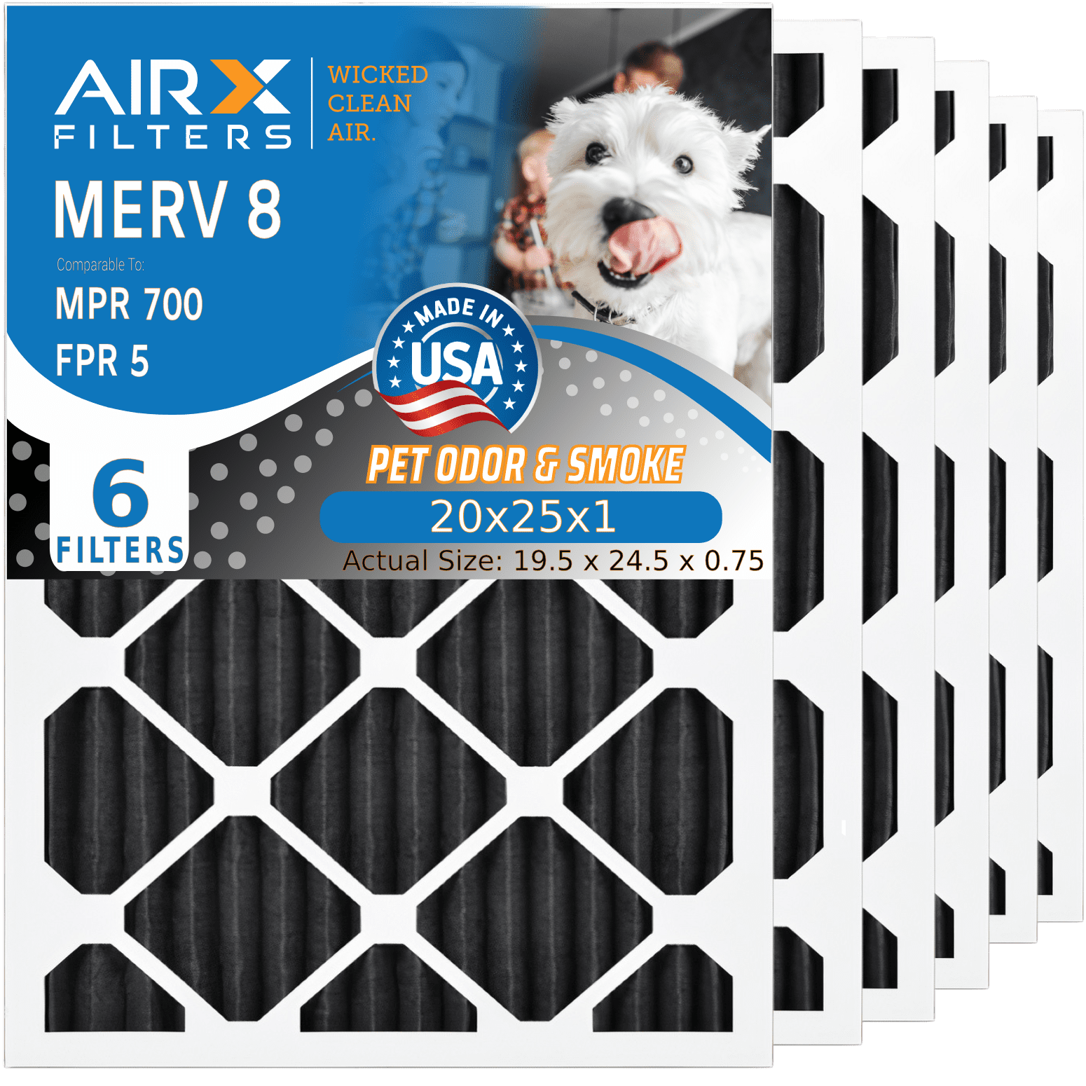 20x25x1 Air Filter Odor Eliminator Carbon Filter MERV 8 Comparable to MPR 700 & FPR 5 AC HVAC Premium USA Made 20x25x1 Furnace Filters by AIRX FILTERS WICKED CLEAN AIR. 6 Pack