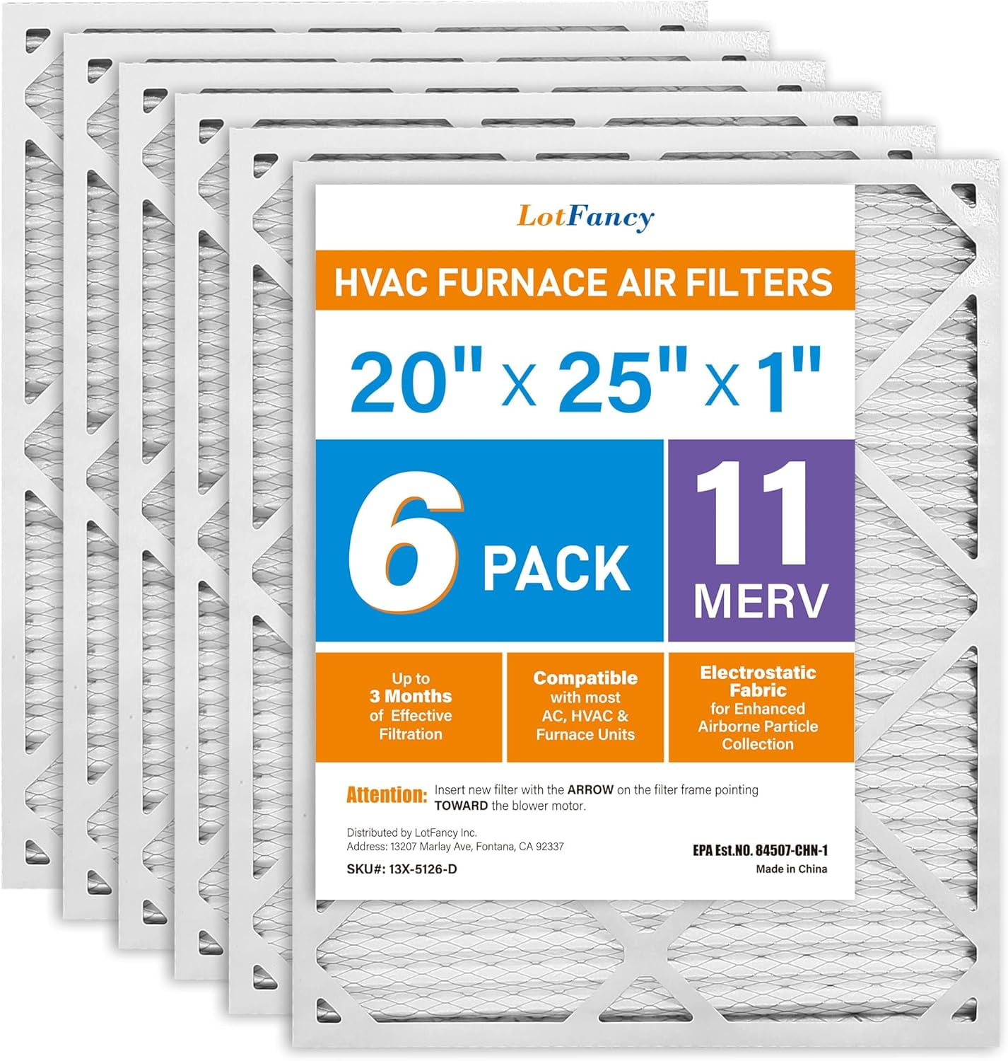 20x25x1 Air Filters, MERV 11 AC Furnace Filters, 6 Pack Pleated Air