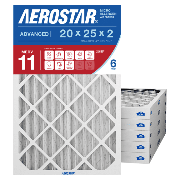 Aerostar 20x25x2 MERV 11 Air Filter, Pleated AC Furnace HVAC, Pet Dander Mold Smoke, 6 Pack