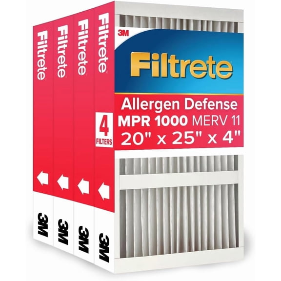 20x25x4 Air Filter MERV 11, MPR 1000 Micro Allergen Defense 4-Pack, Fits Honeywell & AprilAire, AC Furnace HVAC Filters for Home, Pleated Electrostatic (Actual Size 19.88 x 24.63 x 4.31 in)