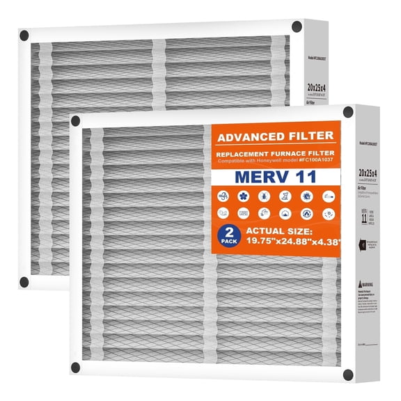 20x25x4 Air Filter Replacement, Compatible with Honeywell FC100A1037 HVAC AC Furnace MERV 11 Filters, Actual Size: 19.75’’x24.88’’x 4.38’’-2PACK
