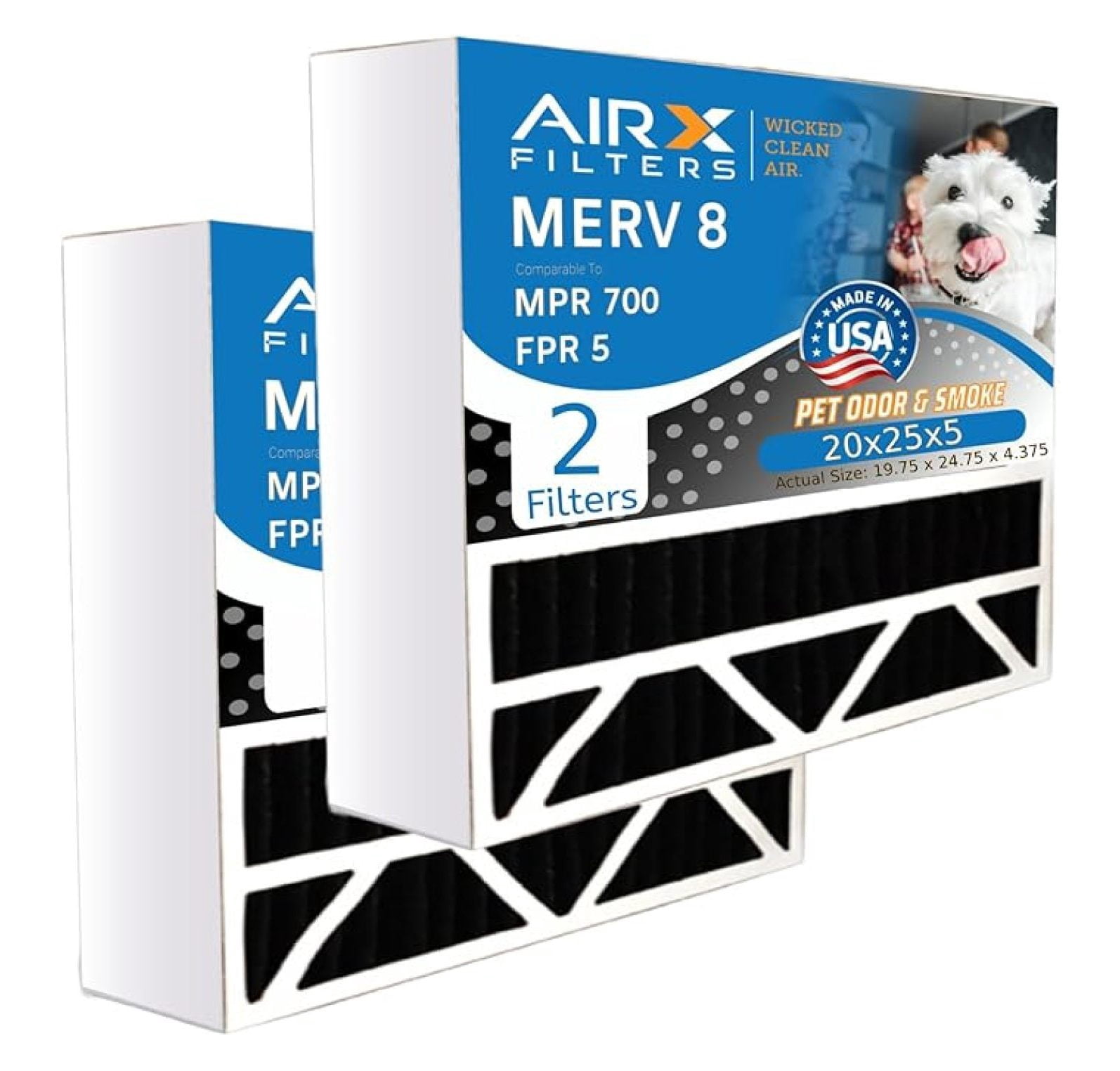 20x25x5 Air Filter 2-Pack with Carbon, MERV 8 Replacement for FILXXCAR0020, Odor Elimination Furnace Filters