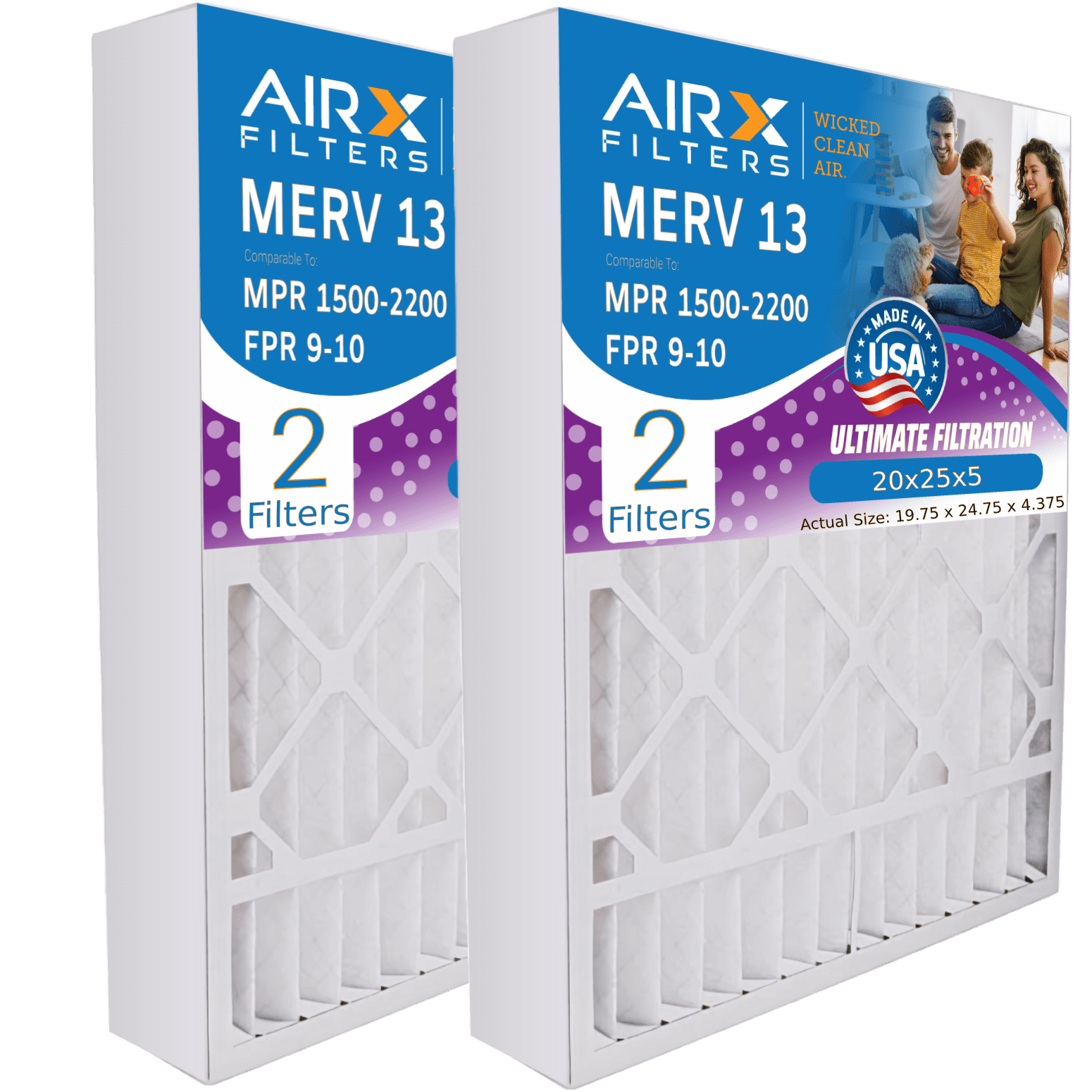 20x25x5 Air Filter MERV 13 Comparable to MPR 1500 - 2200 & FPR 9 Compatible with Lennox X6673 Air Filter 2 Pack by AIRX FILTERS WICKED CLEAN AIR.
