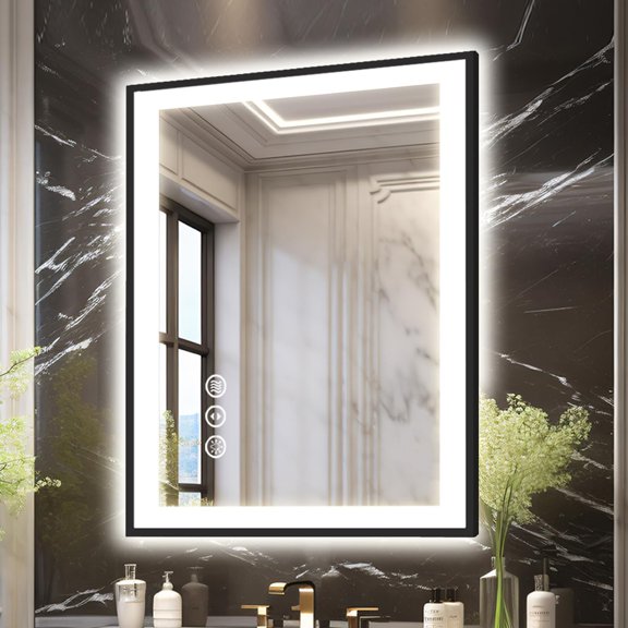 20x28 Light up Bathroom Mirror,LED Vanity Mirror,Black Framed,Backlit + Front Lit,3 Colors Dimmable,Anti-Fog,Shatter-Proof,Touch Control,Anti-Corrosion,Memory(Horizontal/Vertical)