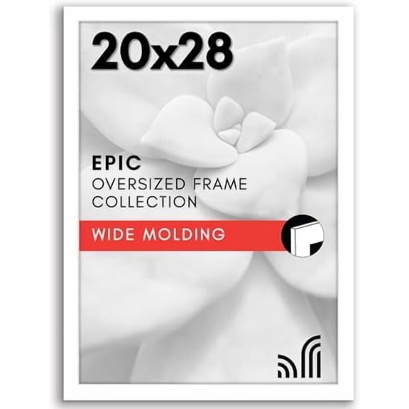 20x28 Picture Frame with Polished Plexiglass - White Picture Frame - Wide Photo Frames Made of Engineered Wood for Vertical or Horizontal Wall Display - Epic Collection - White