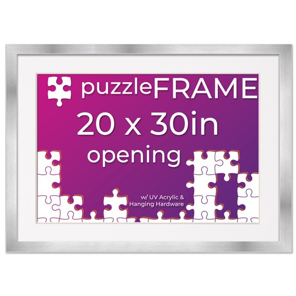 20x30 Frame for Jigsaw Puzzles - Wooden Silver Puzzle Frame with Mat (White) For Puzzles Measuring 20x30 Inches