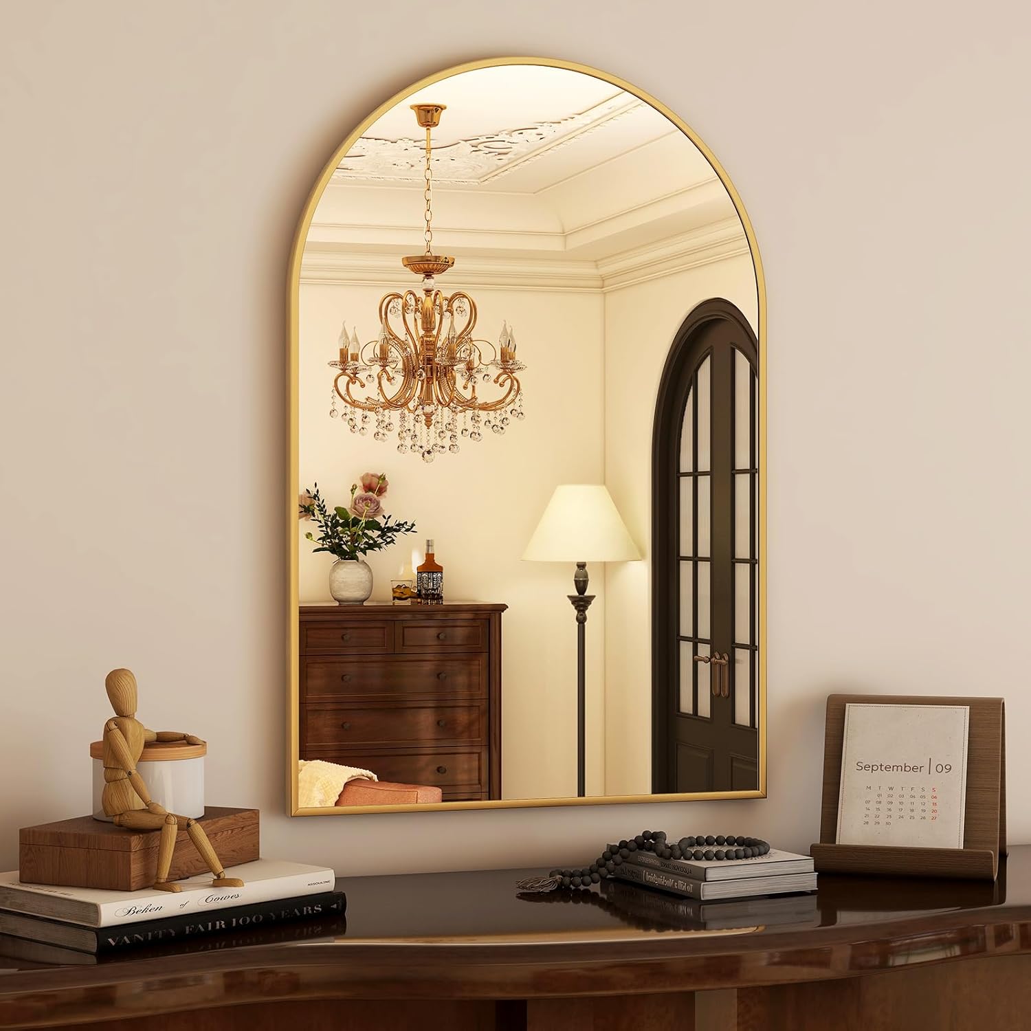 Arched Bathroom Mirror 22x30 Inch - Walnut Wood Frame, Tempered Glass, For Vanity, Entryway, Living Room