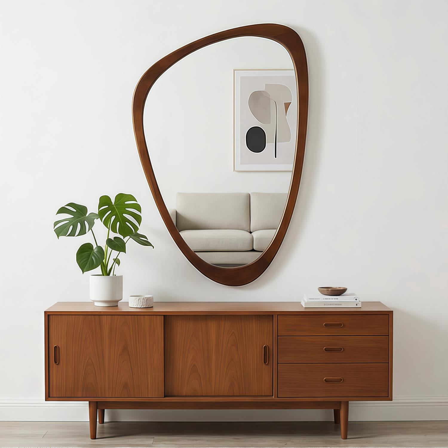 20x30-Inch Irregular Solid Wood Frame Mirror, Decorative Wall Mirror and Vanity Mirror for Bedroom Bathroom Living Room Entryway, Black Walnut