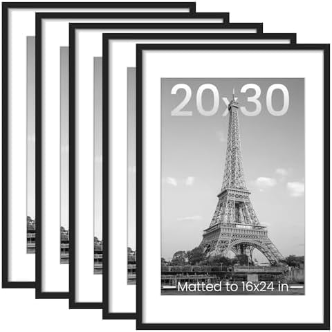 20x30 Picture Frame Set of 5, Display Pictures 16x24 with Mat or 20x30 Without, Wall Gallery Photo Frames, Black