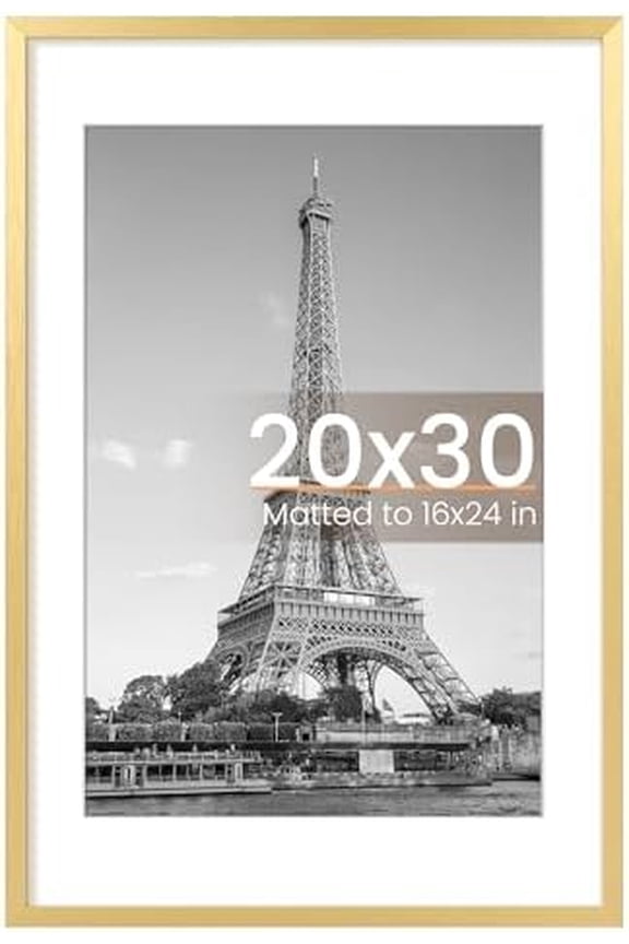 20x30 Poster Frame, Display Pictures 16x24 with Mat or 20x30 Without Mat, Wall Hanging Picture Frame, Gold, 1 Pack