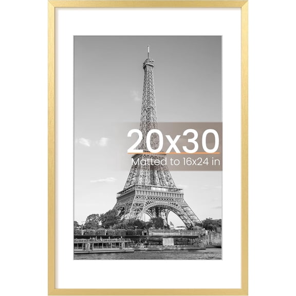 20x30 Poster Frame, Display Pictures 16x24 with Mat or 20x30 Without Mat, Wall Hanging Picture Frame, Gold, 1 Pack