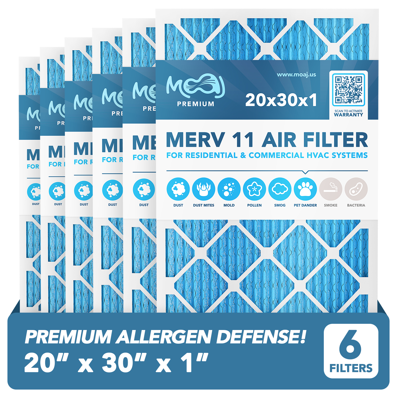 20x30x1 Air Filter (6PACK) MERV 11 MOAJ Premium Allergen Defense