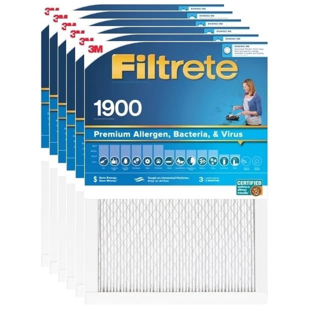 20x30x1 Genuine 3M Filtrete MPR 1900 Premium Allergen, Bacteria, Virus Furnace & AC Air Filter - 6-Pack