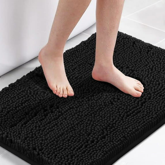 20x32 Bath Mat Non-Slip Bathroom Rug Shag Shower Mat Machine-Washable Bath Mats with Water Absorbent Soft Microfibers Chenille Plush Rugs - Black