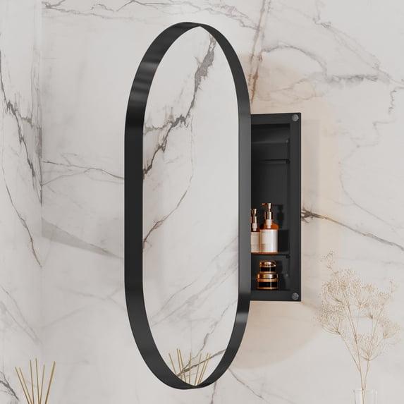 20x34 Inch Oval, Matte Black, Metal Framed | Recessed or Surface Mount for Bathroom Storage | Durable, Easy - assemble with Adjustable Shelves